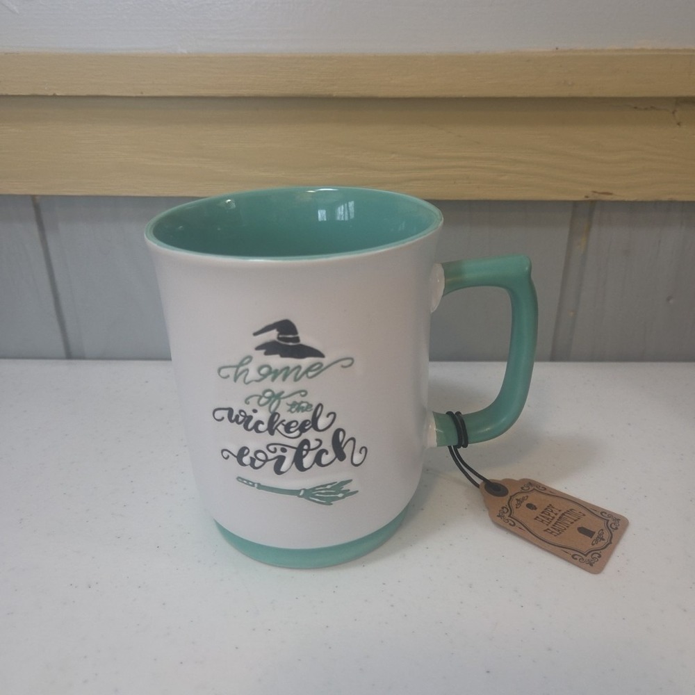 Happy Haunting Home Of The Wicked Witch Ceramic Mug White & Turquoise 18oz